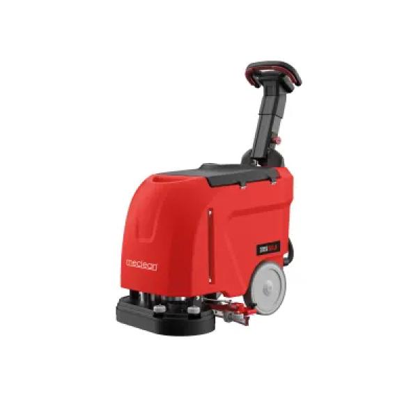 Professionele achterloop schrobmachine met meervoudig borstelsyteem en meesturende zuigmond. Maakt schoon tot in de hoeken!